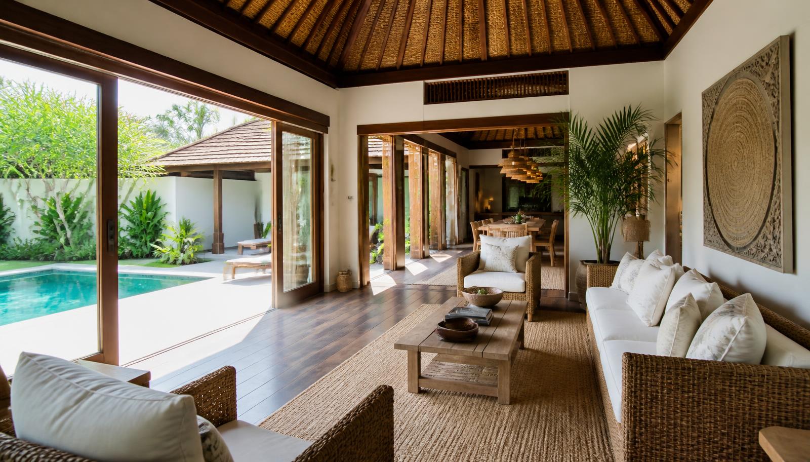 Open woonpaviljoen van een Balinese villa met rotan meubels en zicht op het zwembad