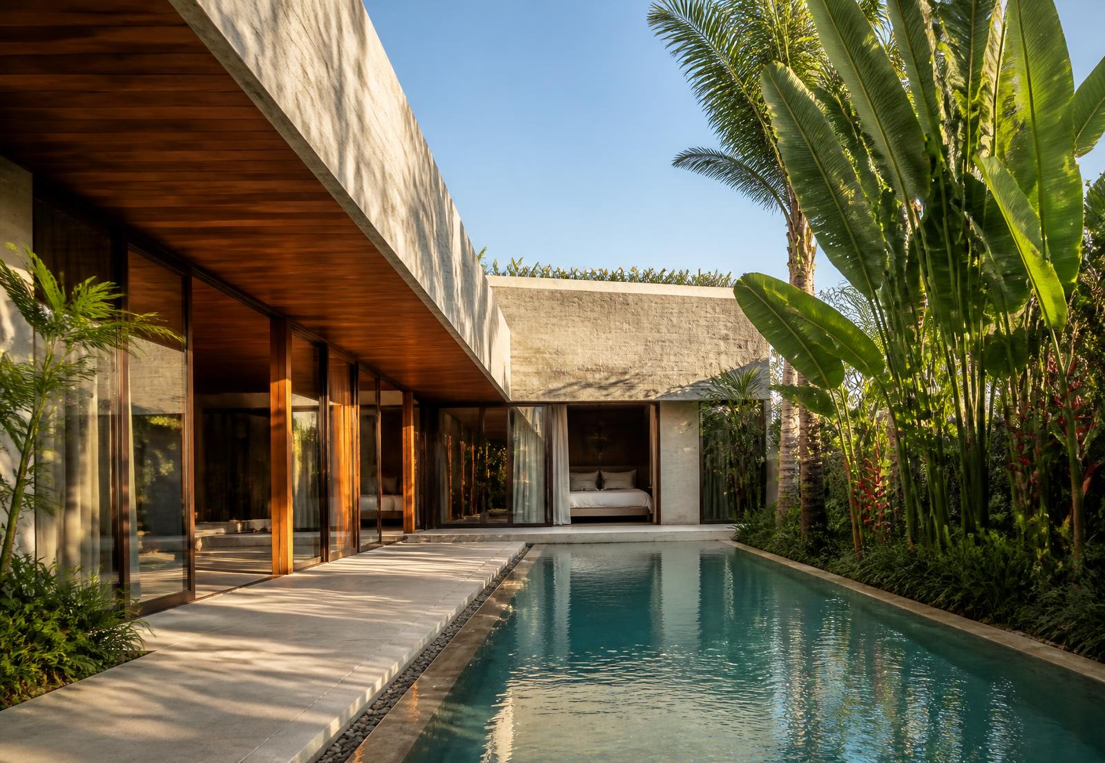 Moderne villa in Canggu met betonnen luifel, teakhouten kozijnen en een lang zwembad langs de tropische tuin