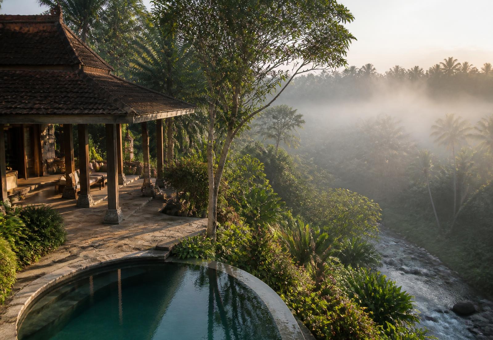 Villa bij Ubud met traditioneel houten dak, natuurstenen terras en zwembad aan de rand van een groene riviervallei